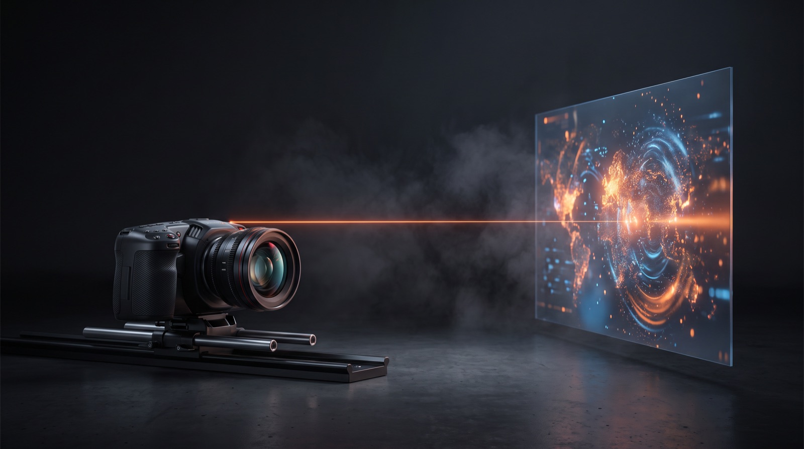Câmera de cinema diante de uma tela luminosa em um estúdio escuro, criada para ilustrar produção de vídeo com IA