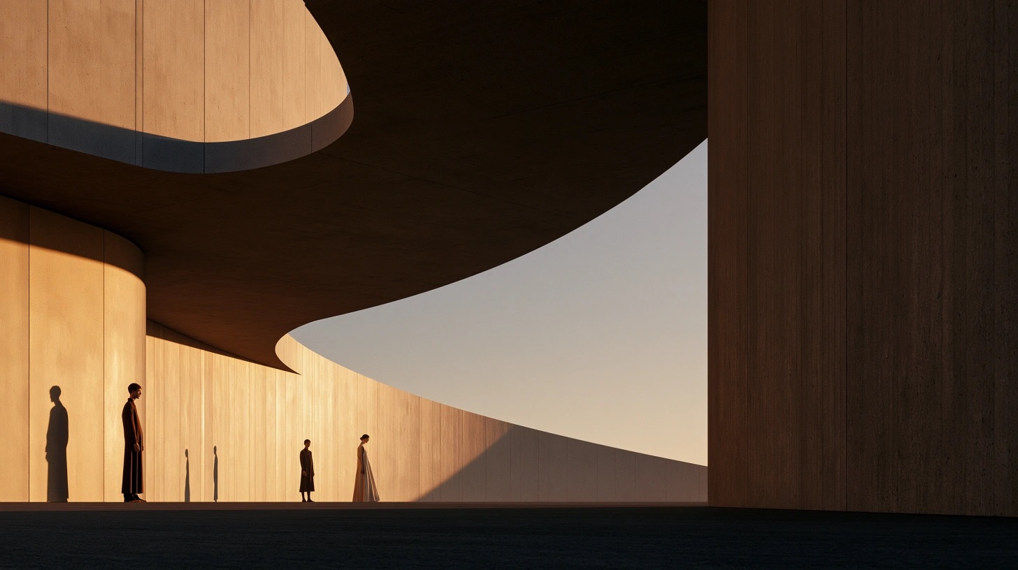Estudo de direção visual com arquitetura monumental, objetos e luz cinematográfica — quadro 1