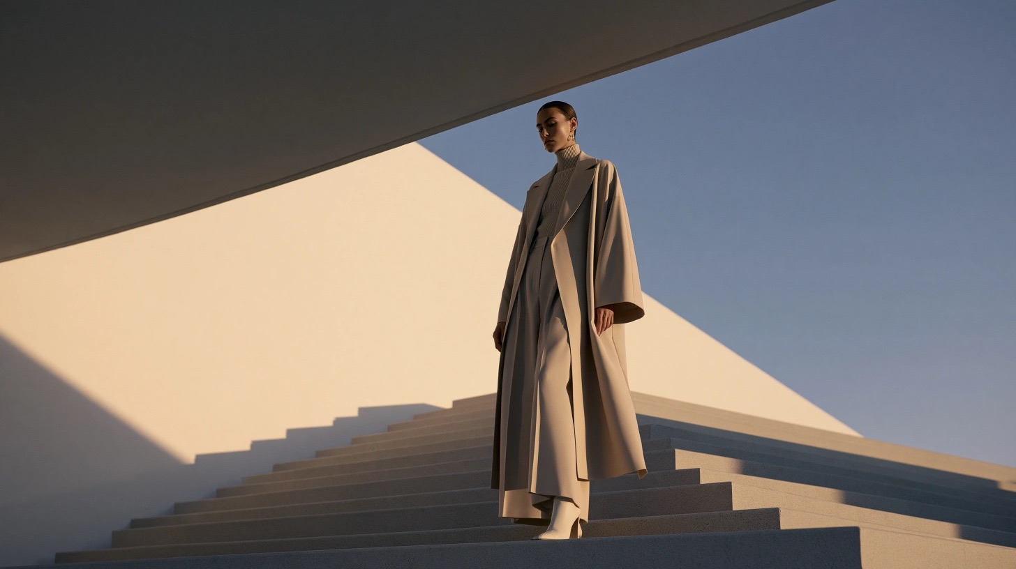 Editorial de moda com silhueta, arquitetura e luz solar recortada — quadro 1
