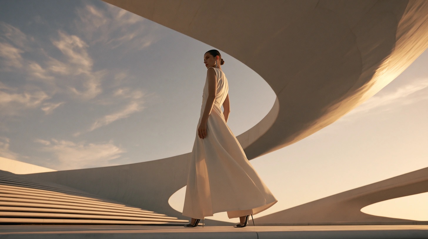 Editorial de moda com silhueta, arquitetura e luz solar recortada — quadro 2