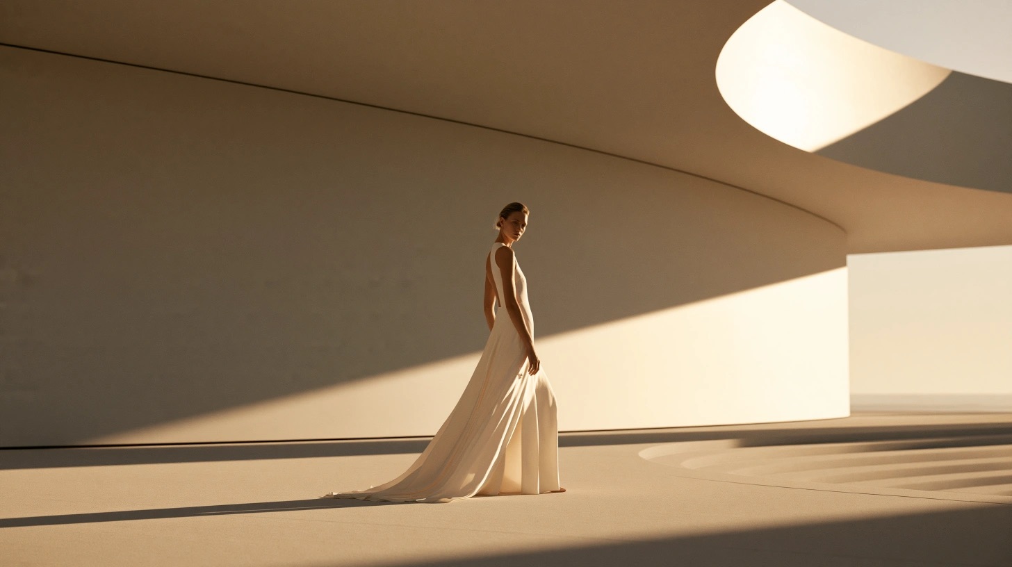 Editorial de moda com silhueta, arquitetura e luz solar recortada — quadro 3