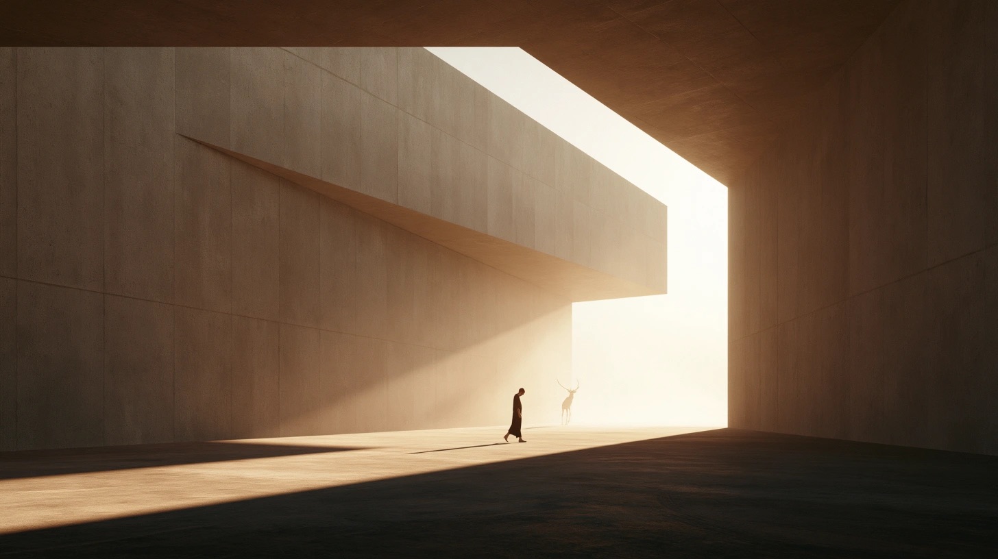 Estudo de direção visual com arquitetura monumental, objetos e luz cinematográfica — quadro 2