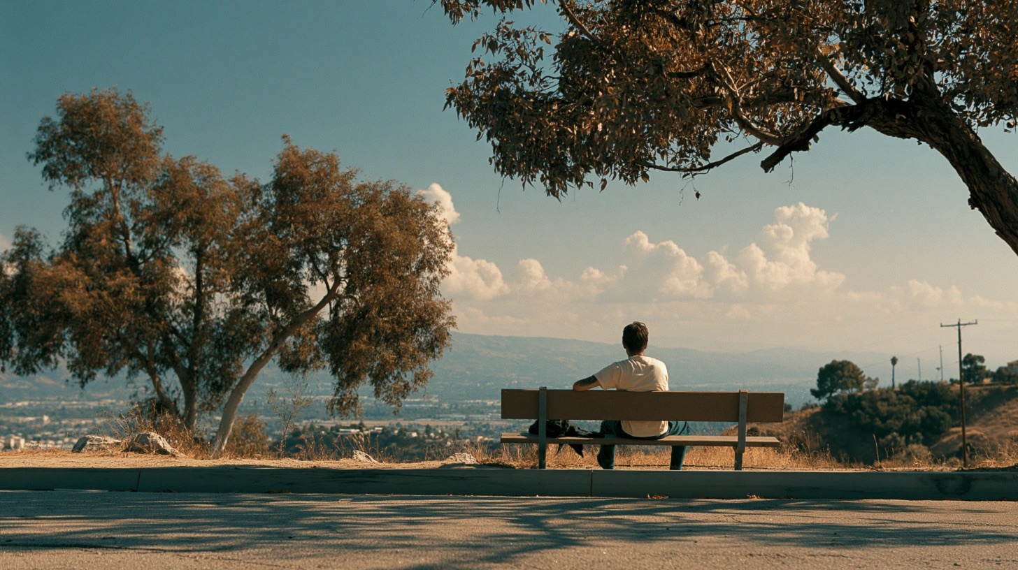 Paisagem cinematográfica minimalista com figura humana, horizonte e sombra longa — quadro 1