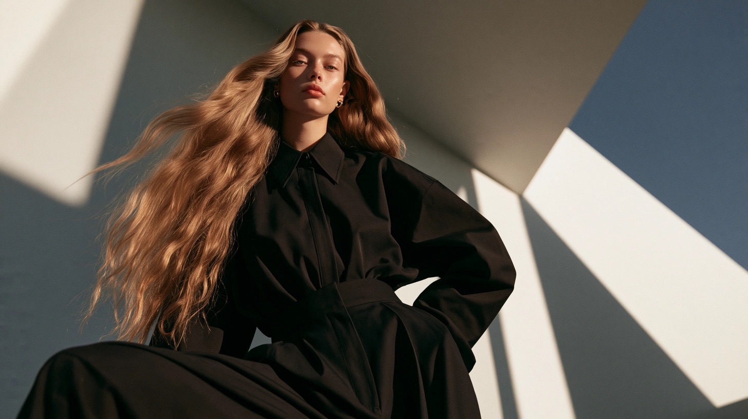 Editorial de moda com silhueta, arquitetura e luz solar recortada — quadro 4