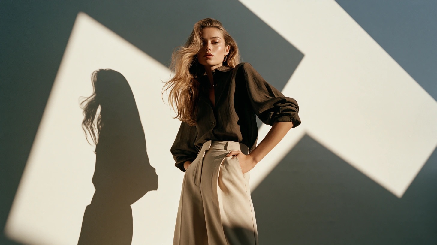 Editorial de moda com silhueta, arquitetura e luz solar recortada — quadro 5