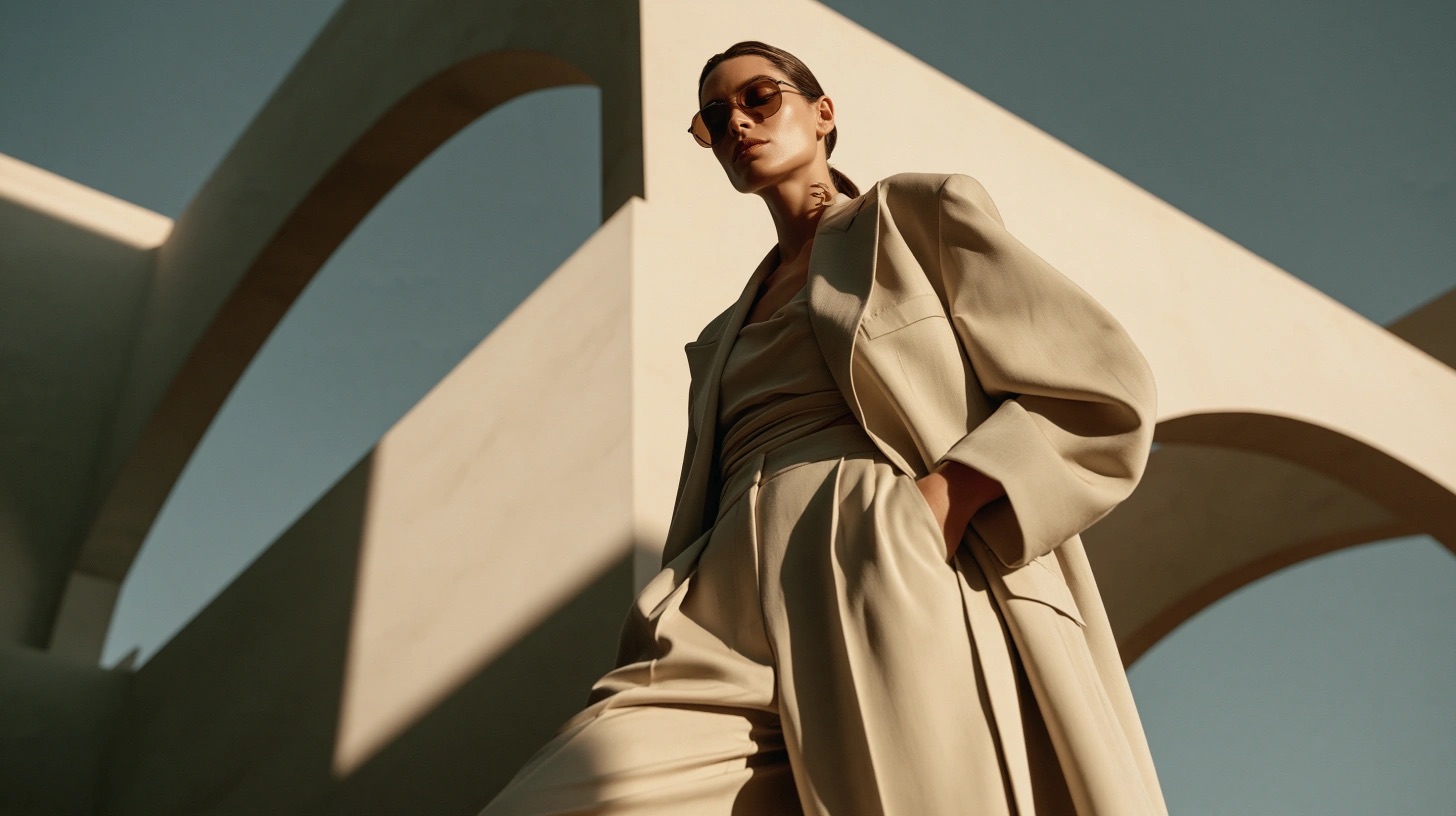 Editorial de moda com silhueta, arquitetura e luz solar recortada — quadro 6