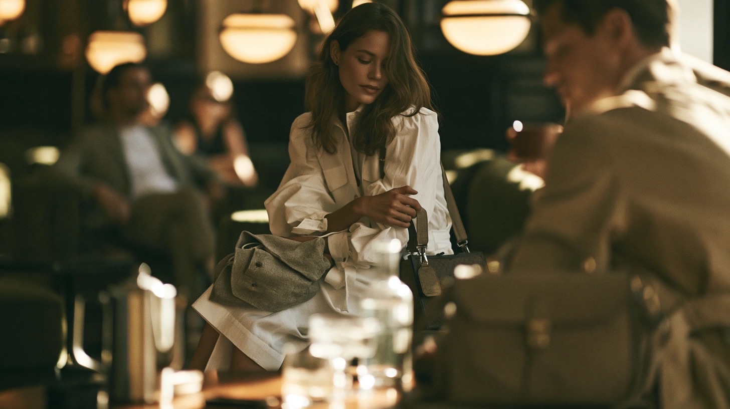 Cena editorial urbana com moda, asfalto molhado e luzes noturnas — quadro 4
