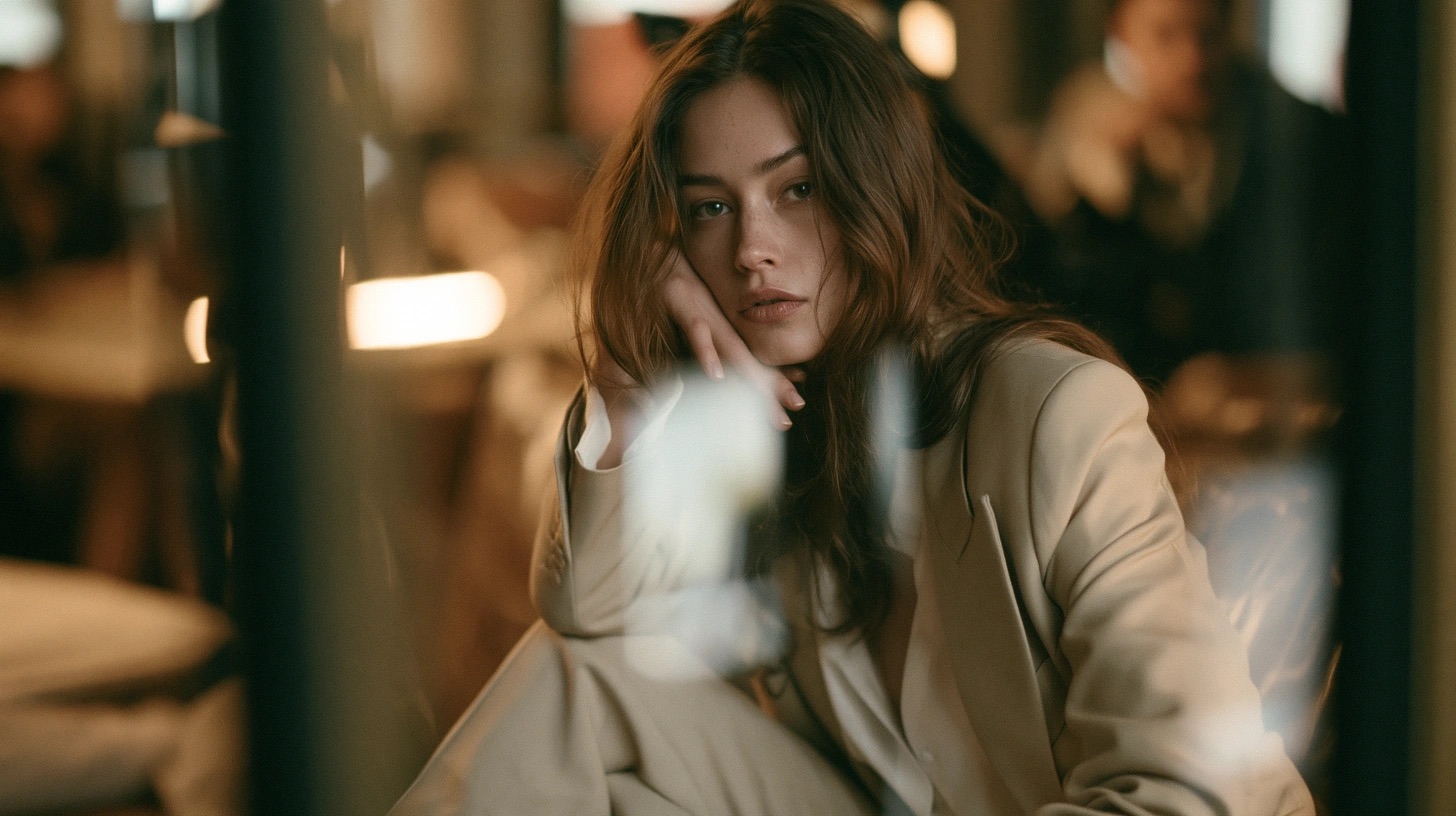 Cena editorial urbana com moda, asfalto molhado e luzes noturnas — quadro 6