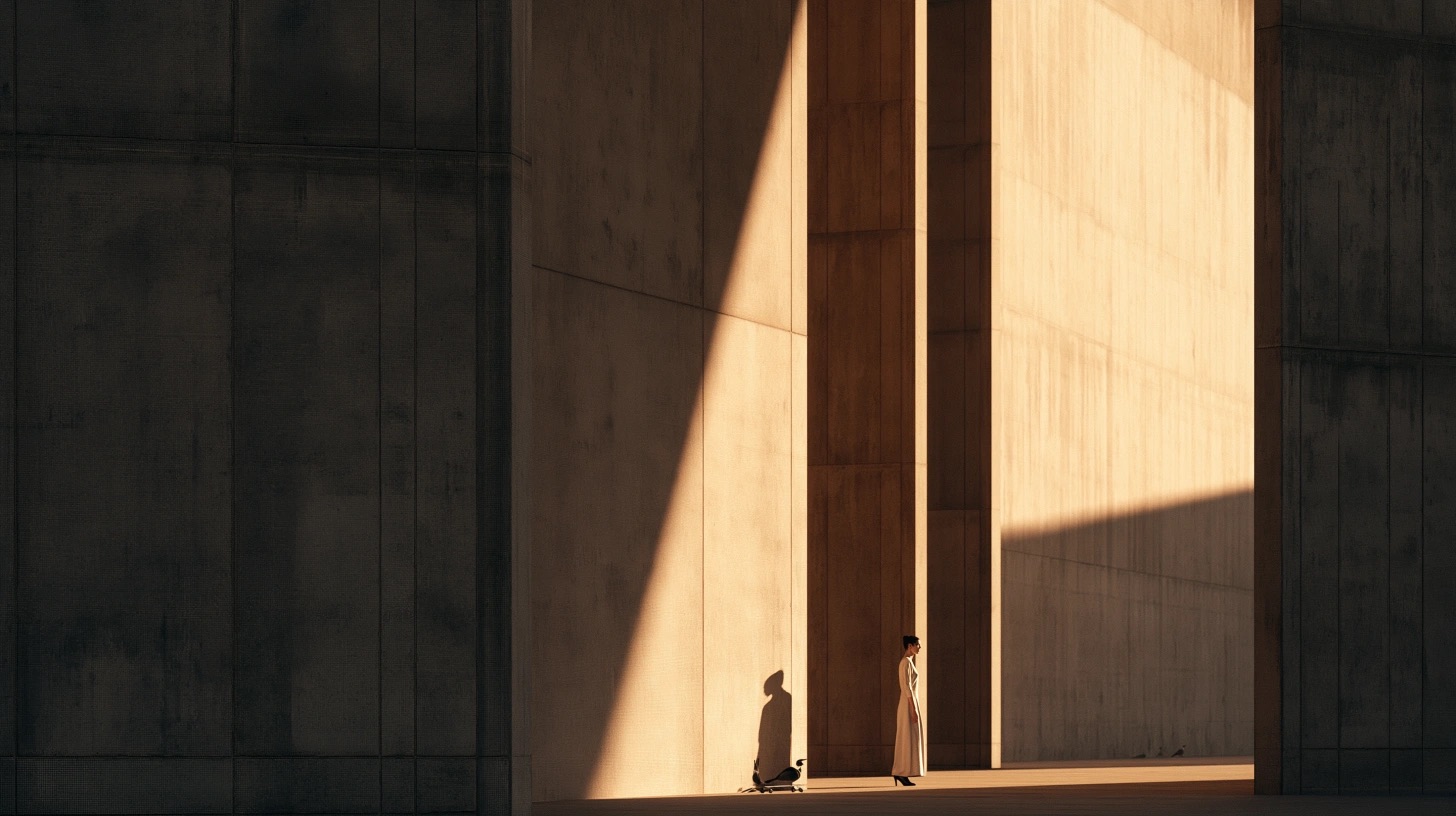 Estudo de direção visual com arquitetura monumental, objetos e luz cinematográfica — quadro 6