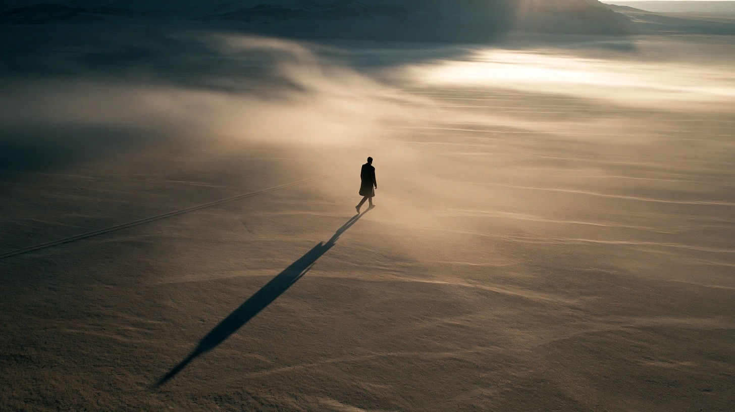 Paisagem cinematográfica minimalista com figura humana, horizonte e sombra longa — quadro 2