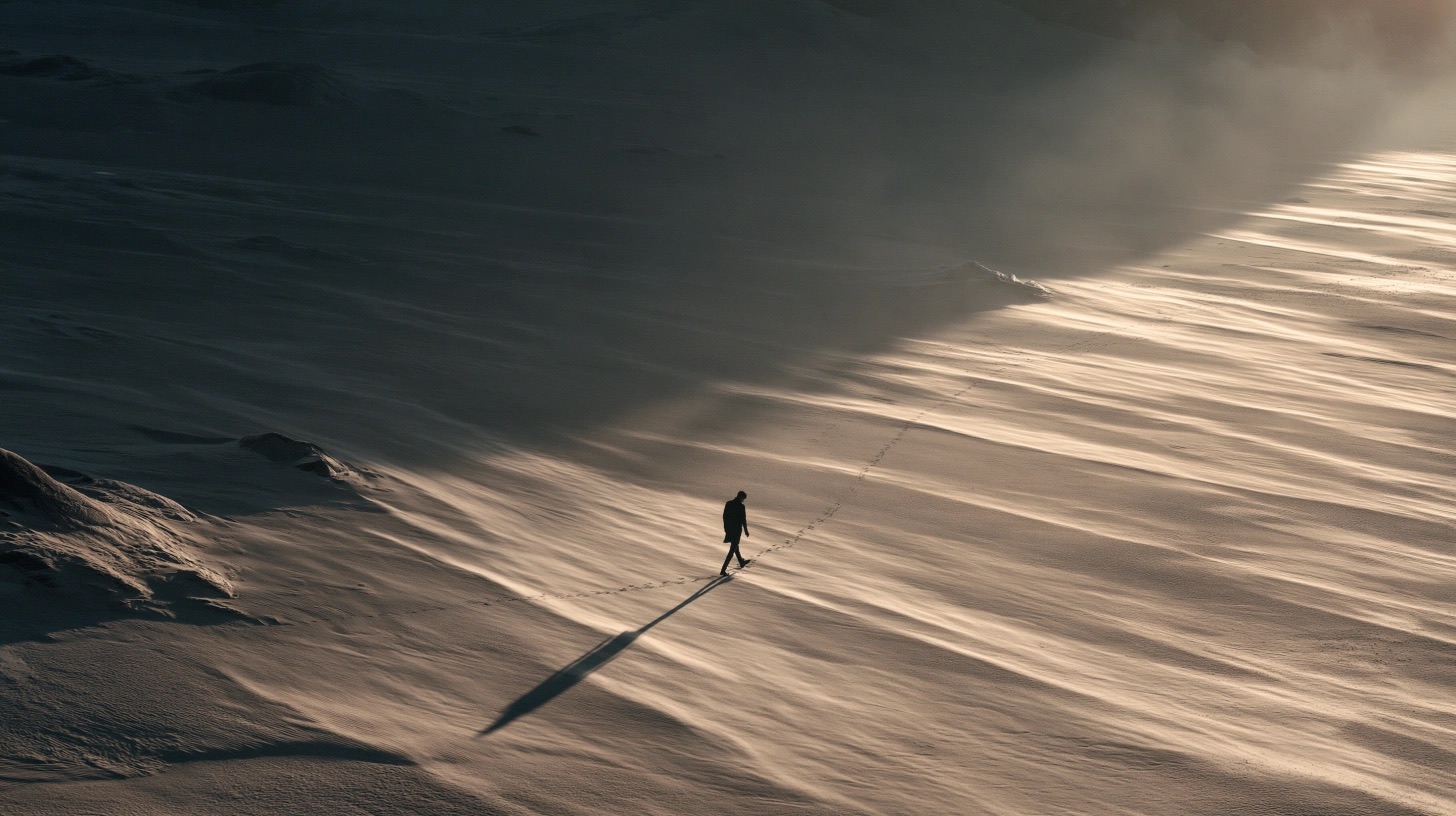 Paisagem cinematográfica minimalista com figura humana, horizonte e sombra longa — quadro 3