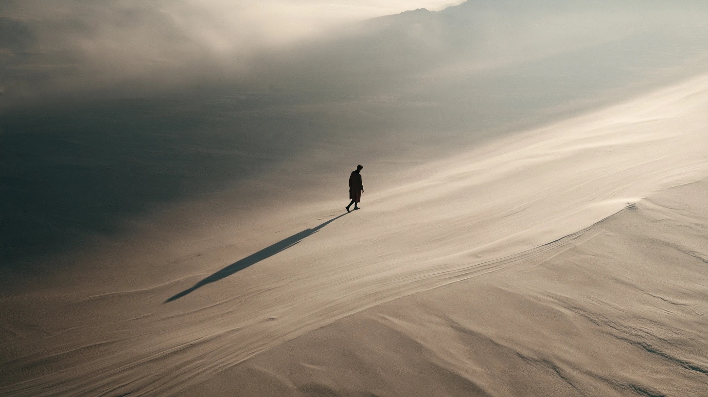 Paisagem cinematográfica minimalista com figura humana, horizonte e sombra longa — quadro 4