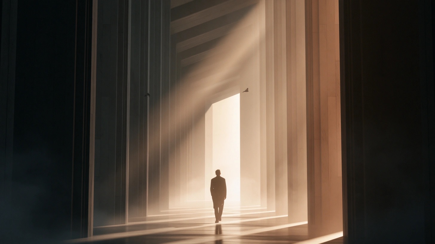 Estudo de direção visual com arquitetura monumental, objetos e luz cinematográfica — quadro 8