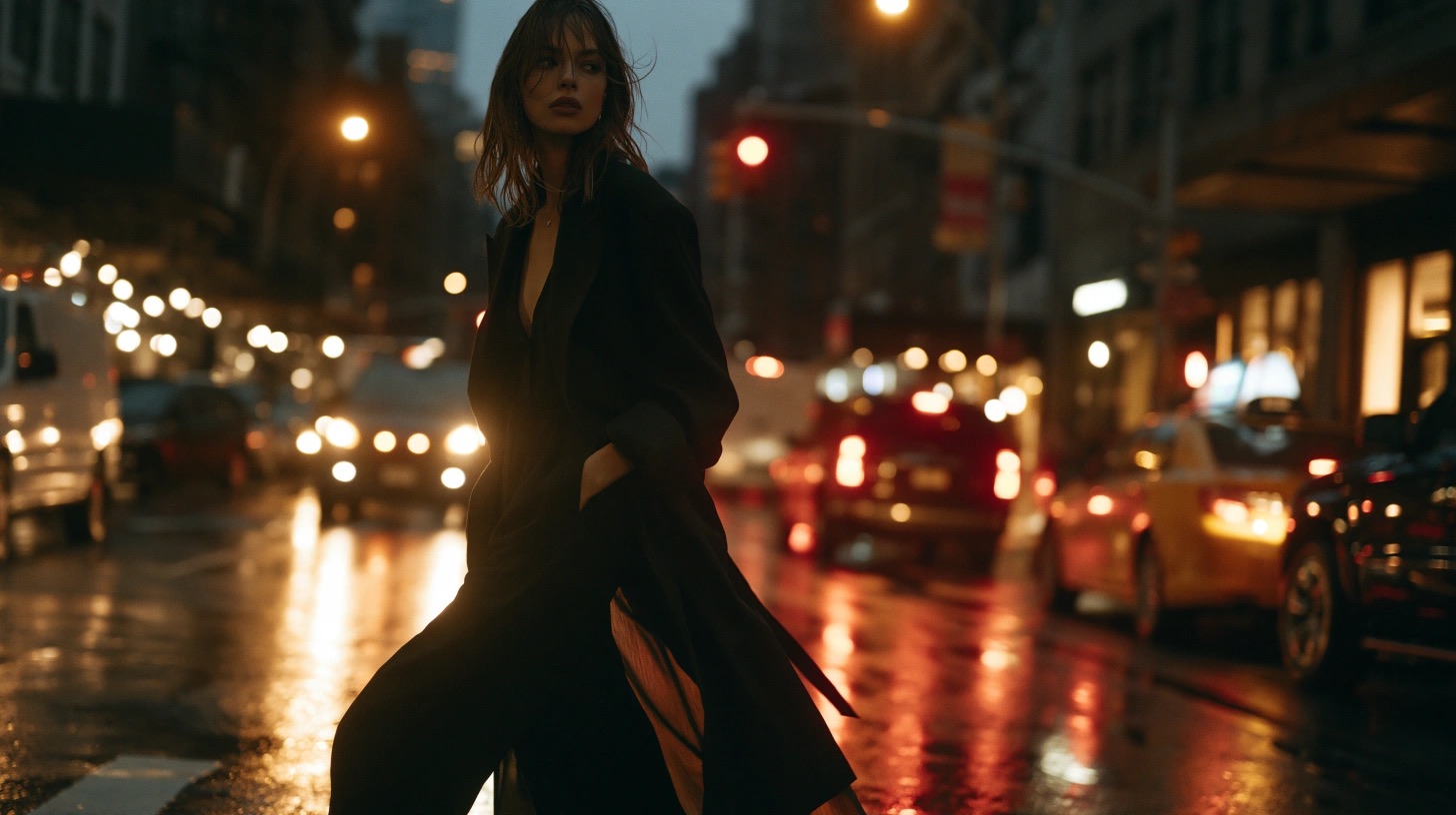 Cena editorial urbana com moda, asfalto molhado e luzes noturnas — quadro 7