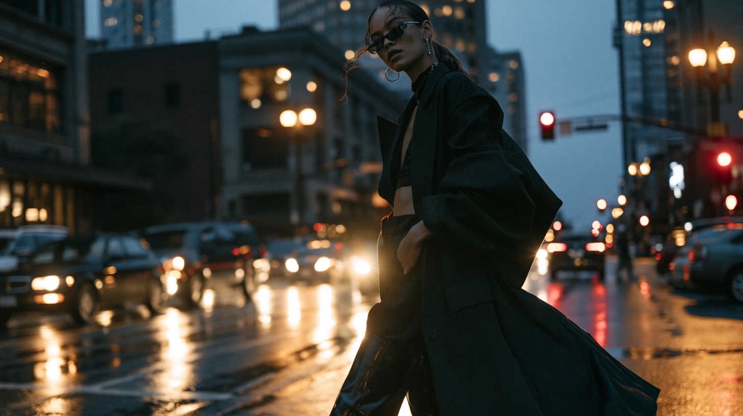Cena editorial urbana com moda, asfalto molhado e luzes noturnas — quadro 8