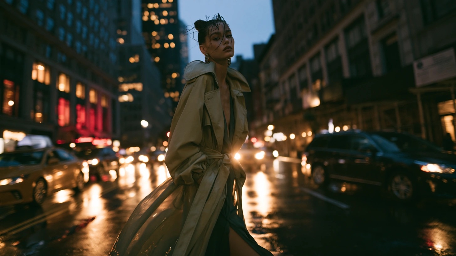 Cena editorial urbana com moda, asfalto molhado e luzes noturnas — quadro 9