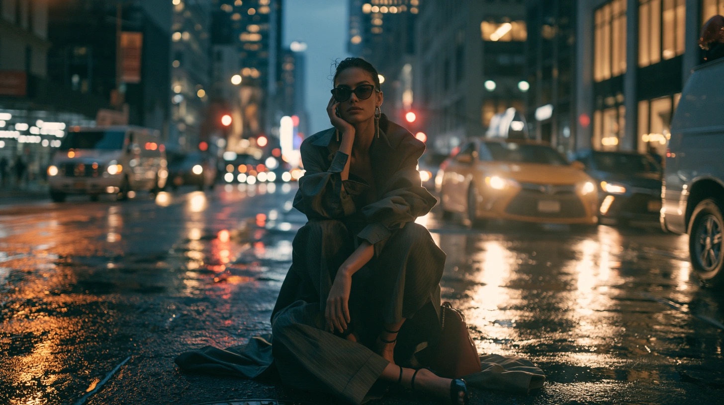 Cena editorial urbana com moda, asfalto molhado e luzes noturnas — quadro 10