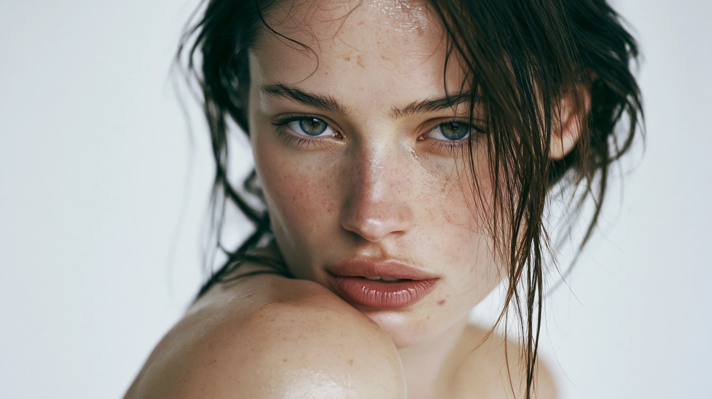 Retrato editorial em primeiro plano com pele natural e direção de beleza — quadro 12