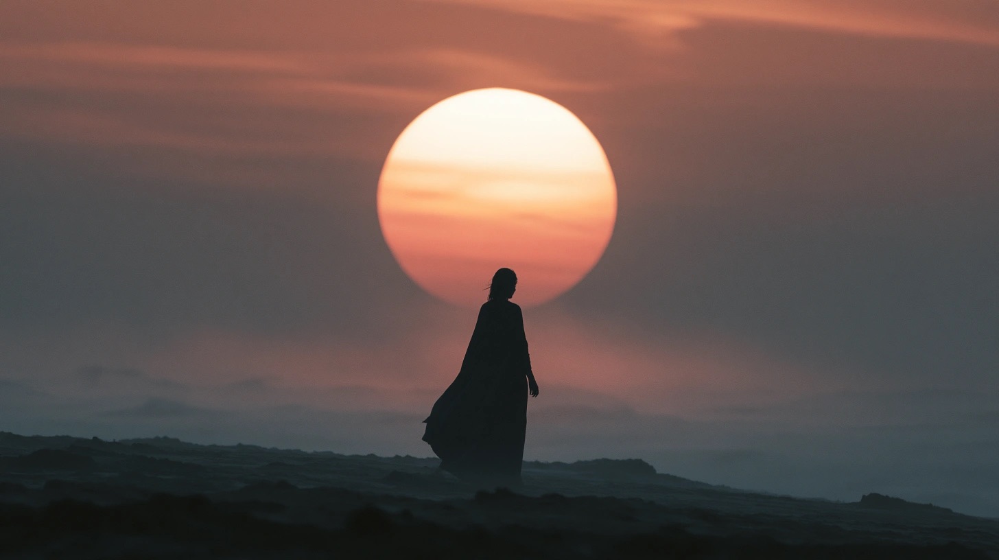 Paisagem cinematográfica minimalista com figura humana, horizonte e sombra longa — quadro 5
