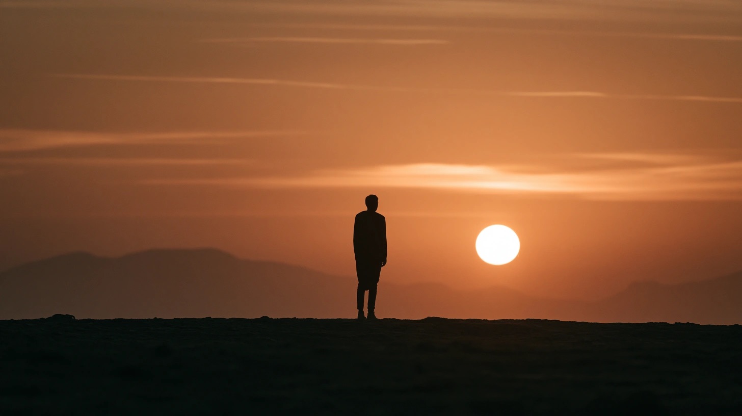 Paisagem cinematográfica minimalista com figura humana, horizonte e sombra longa — quadro 6