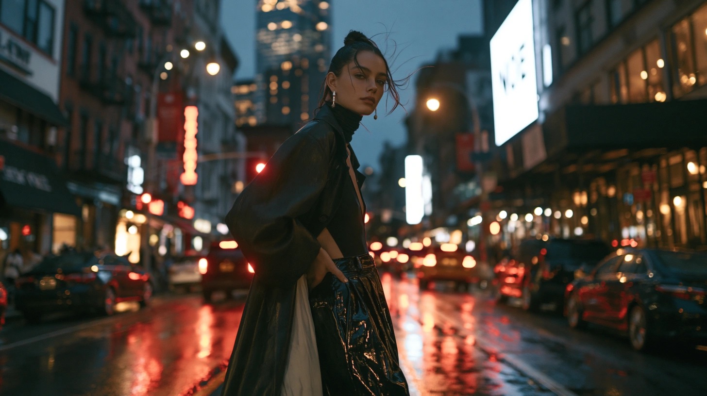 Cena editorial urbana com moda, asfalto molhado e luzes noturnas — quadro 11