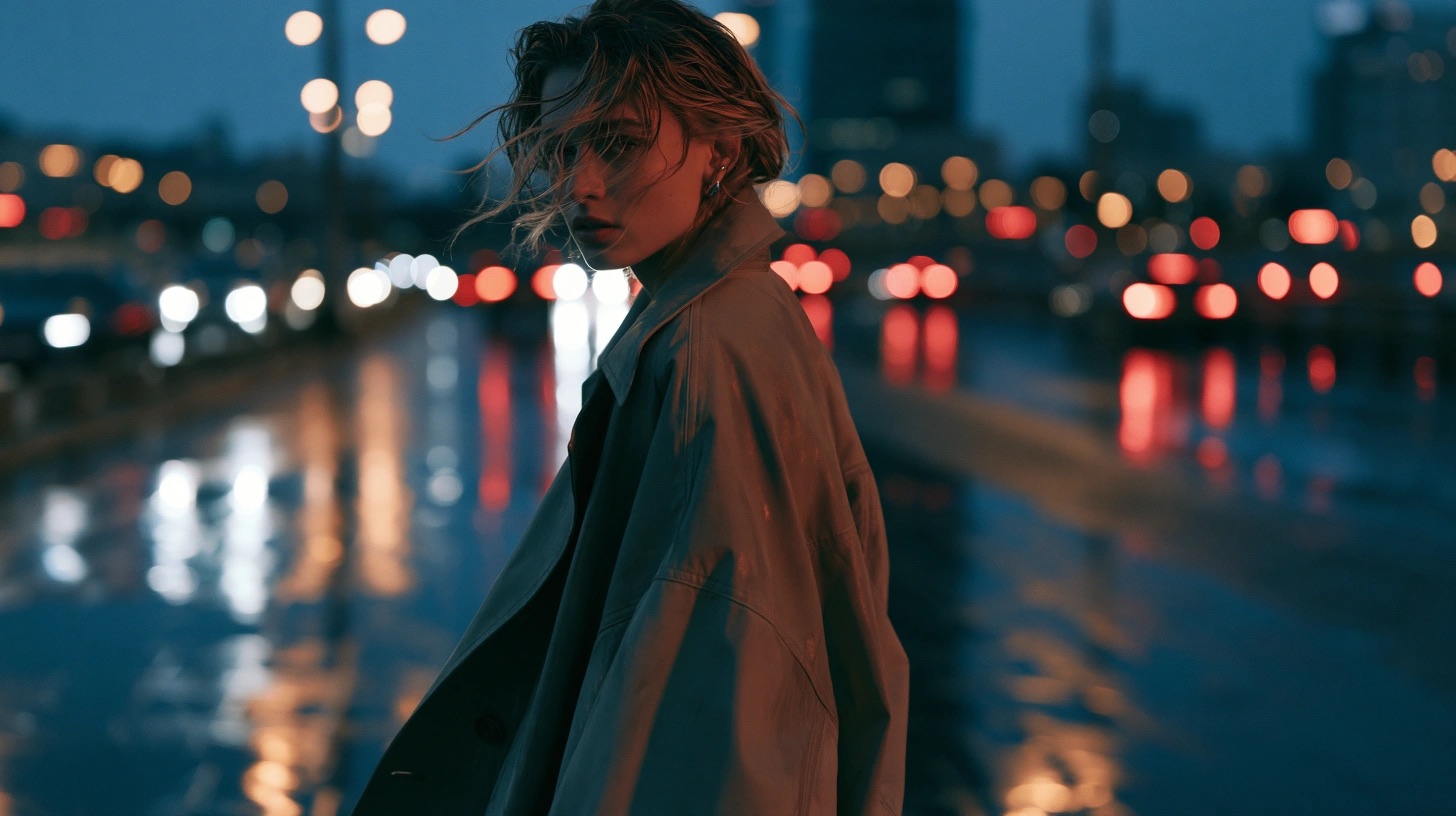 Cena editorial urbana com moda, asfalto molhado e luzes noturnas — quadro 12