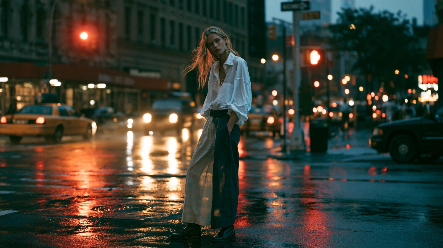 Cena editorial urbana com moda, asfalto molhado e luzes noturnas — quadro 13