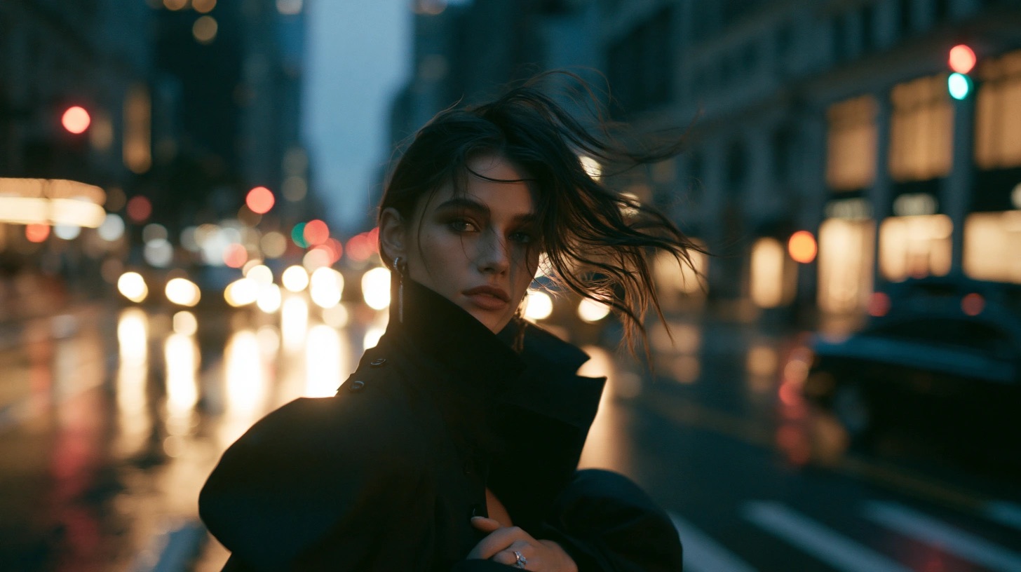 Cena editorial urbana com moda, asfalto molhado e luzes noturnas — quadro 14