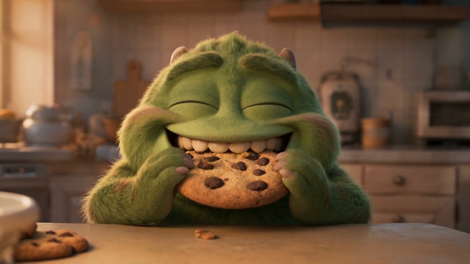 Personagem animado segurando um cookie em uma cozinha cinematográfica